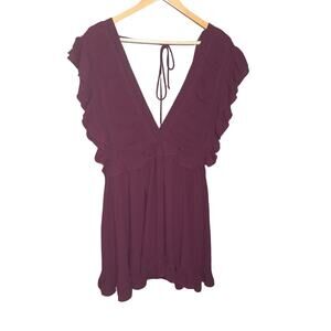 Stories Womens Dark Purple Ruffle Deep V-Neck and Back Lined Mini Dress Size M